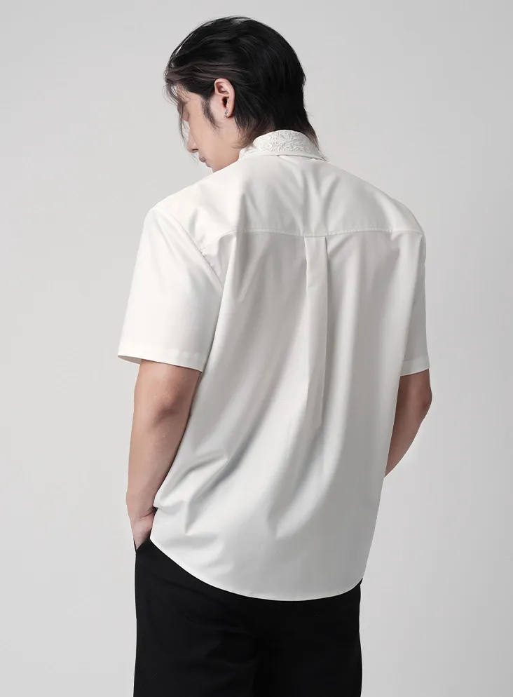 Embroidered Collar Short Sleeve Shirt with Pleated Front Detail sold by Night City Clothing product image thumbnail 3