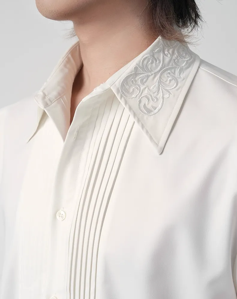 Embroidered Collar Short Sleeve Shirt with Pleated Front Detail sold by Night City Clothing product image thumbnail 4