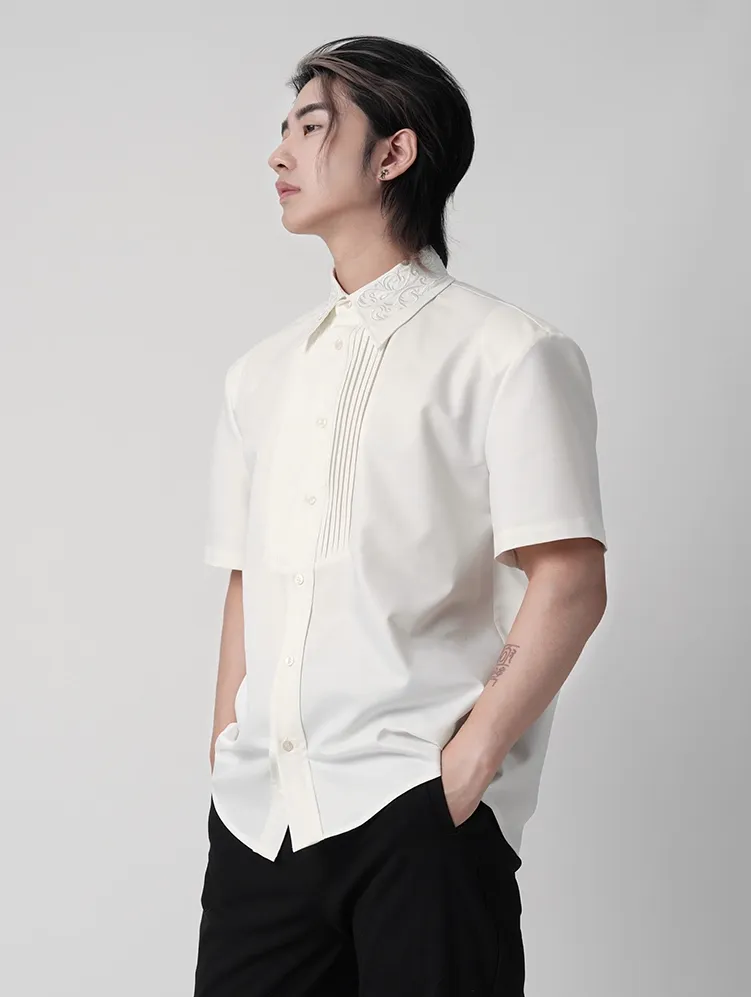 Embroidered Collar Short Sleeve Shirt with Pleated Front Detail sold by Night City Clothing product image thumbnail 2