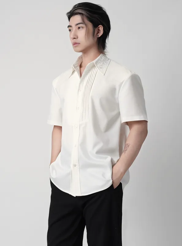 Embroidered Collar Short Sleeve Shirt with Pleated Front Detail made by Night City Clothing