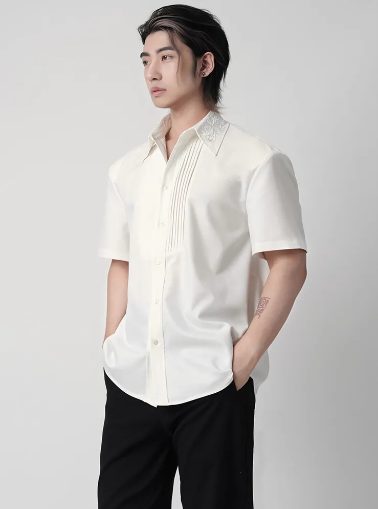 Embroidered Collar Short Sleeve Shirt with Pleated Front Detail sold by Night City Clothing