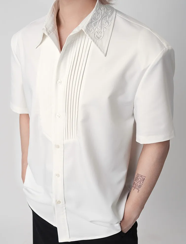 Embroidered Collar Short Sleeve Shirt with Pleated Front Detail sold by Night City Clothing product image thumbnail 5
