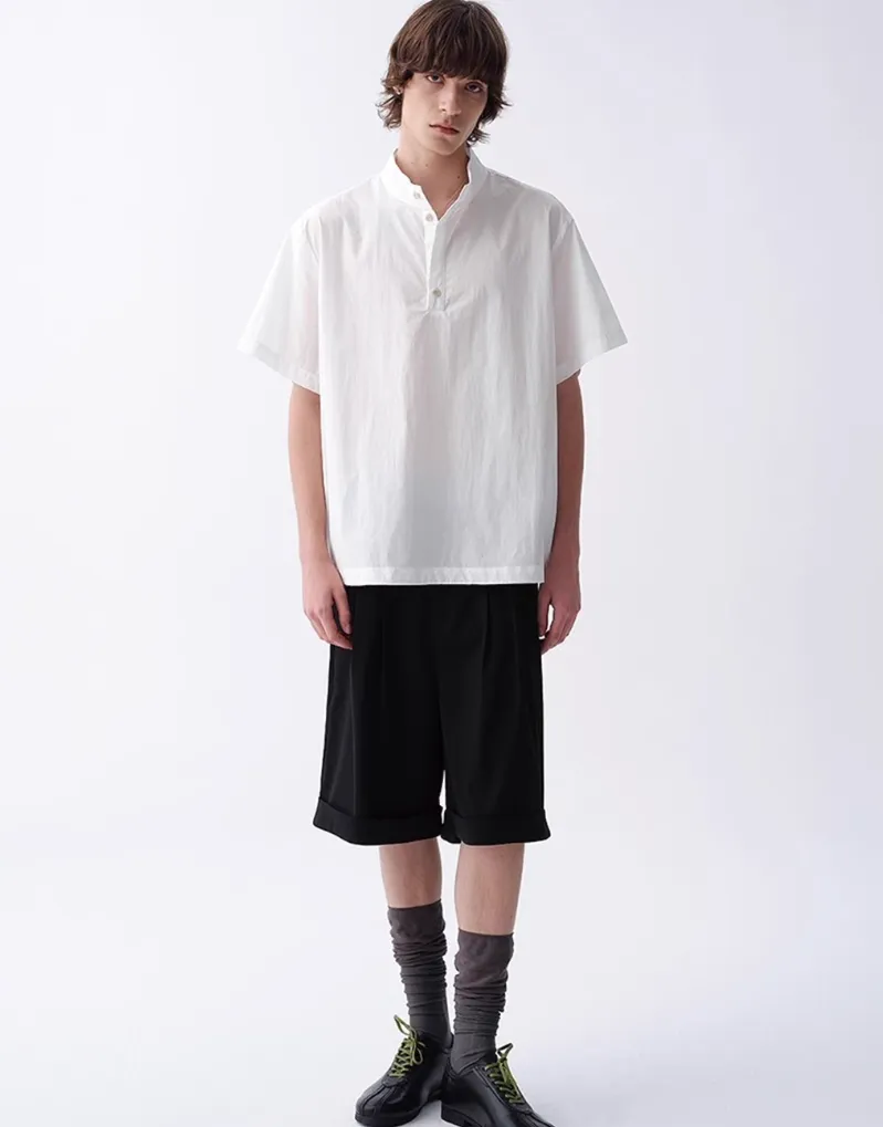 Textured Half Button Stand Collar Short Sleeve Shirt sold by Night City Clothing product image thumbnail 3
