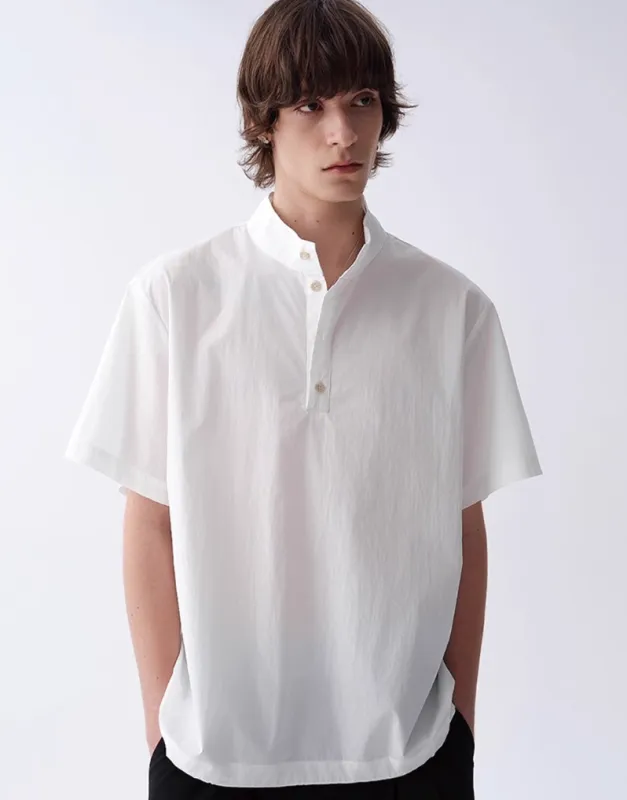Textured Half Button Stand Collar Short Sleeve Shirt made by Night City Clothing