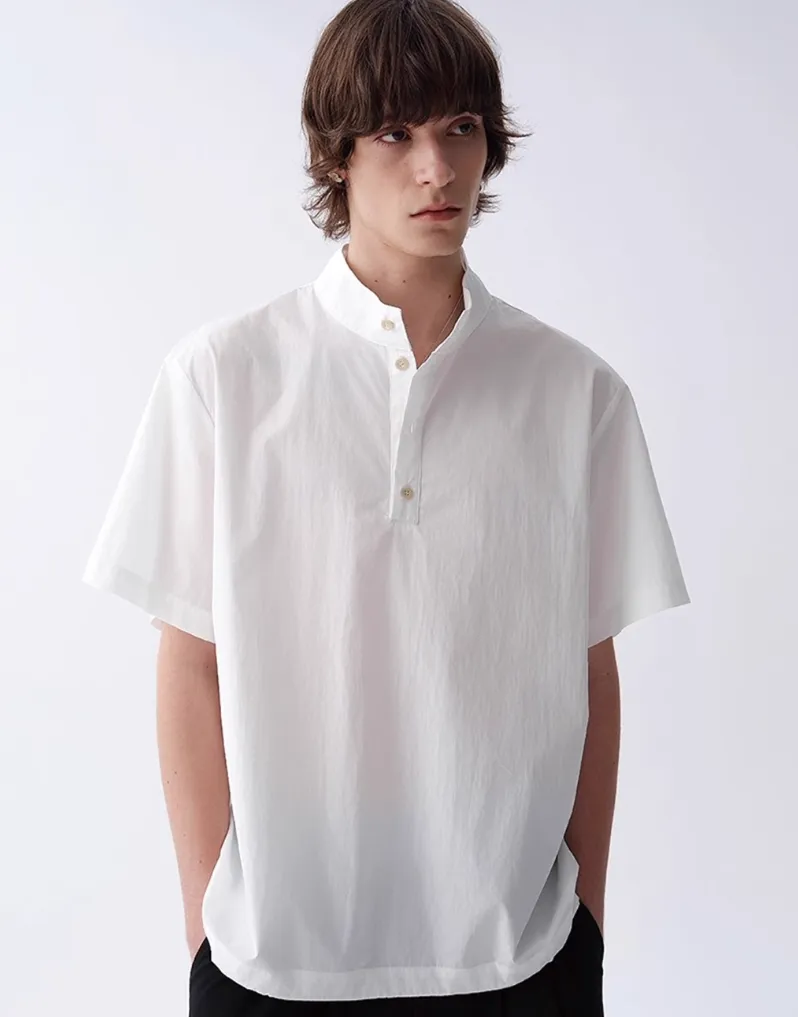 Textured Half Button Stand Collar Short Sleeve Shirt sold by Night City Clothing