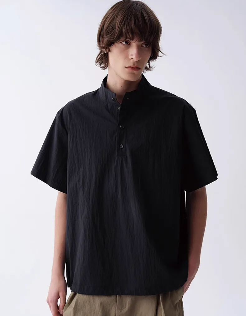 Textured Half Button Stand Collar Short Sleeve Shirt sold by Night City Clothing product image thumbnail 4