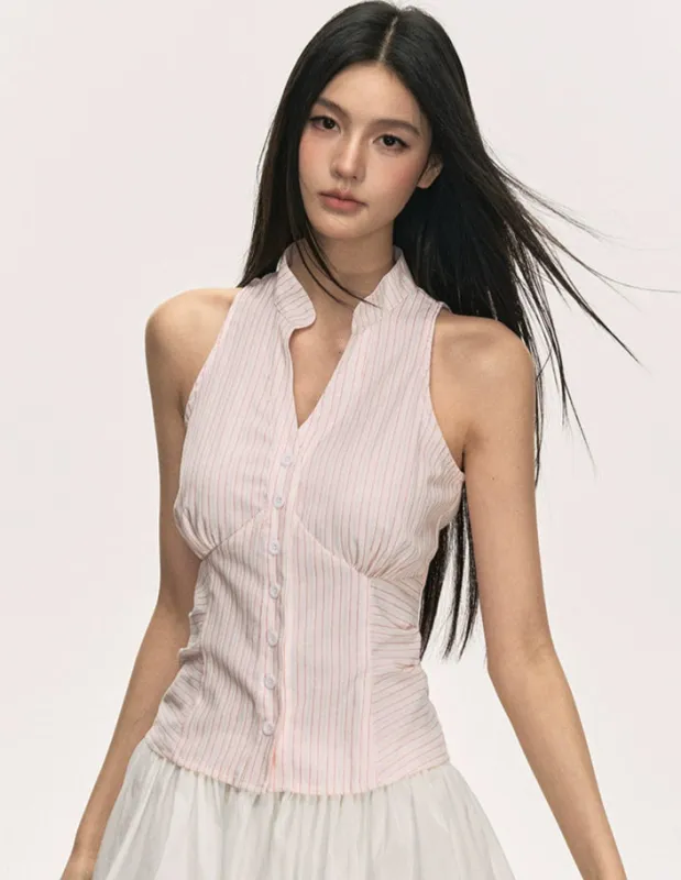 Pinstripe Sleeveless Collared Button-Up Top sold by Night City Clothing