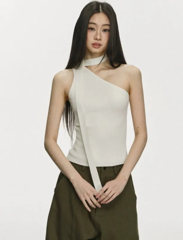 Ribbed One Shoulder Knit Top with Scarf Detail sold by Night City Clothing