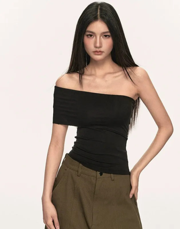 Asymmetric One Shoulder Stretch Knit Top sold by Night City Clothing