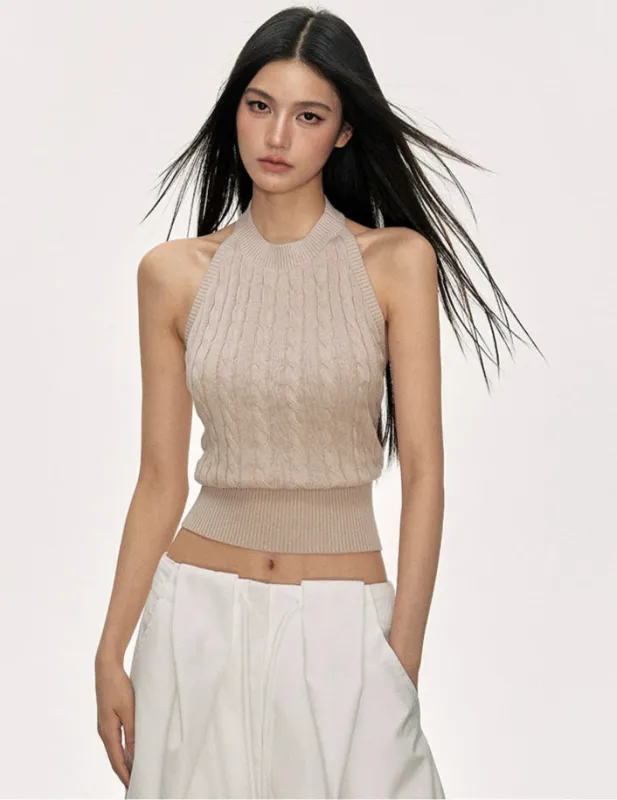 Cable Knit Ribbed Halter Neck Open Back Crop Top sold by Night City Clothing