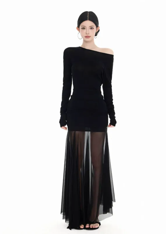 Long Sleeve Off Shoulder Top and Sheer Maxi Skirt Two-Piece Set sold by Night City Clothing