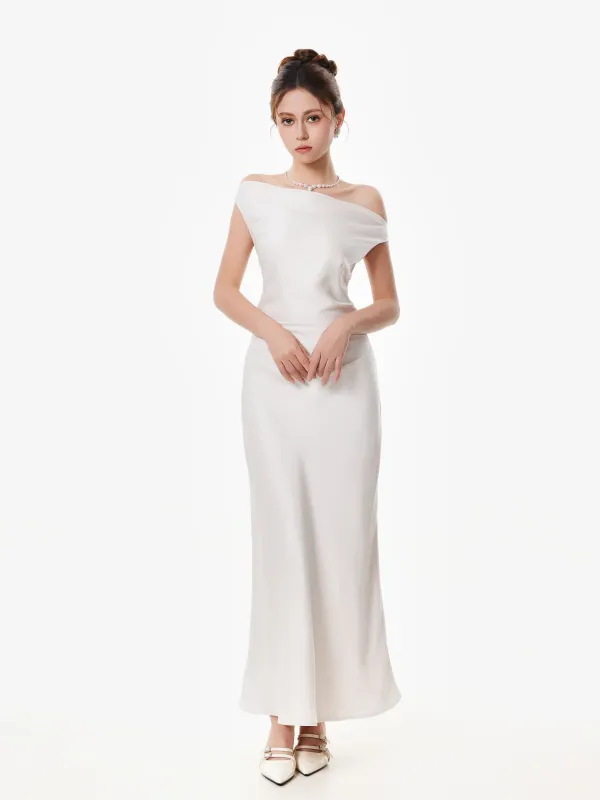 Asymmetrical One Shoulder Satin Maxi Dress sold by Night City Clothing