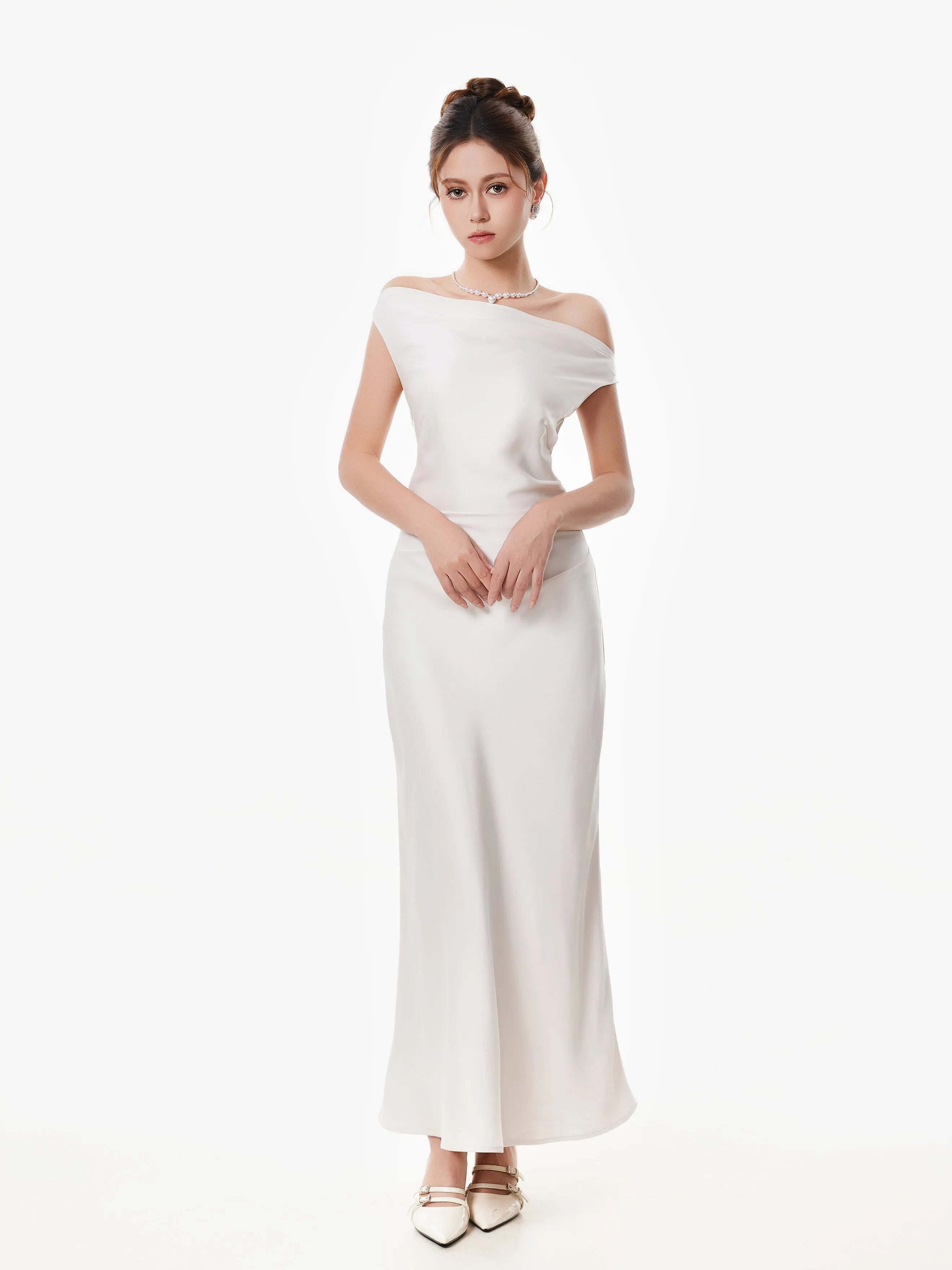 Asymmetrical One Shoulder Satin Maxi Dress sold by Night City Clothing