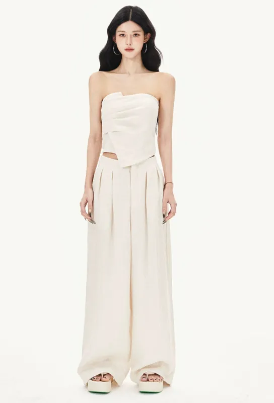 Draped Asymmetric Strapless Top and Wide Leg Pleated Pants Two-Piece Set sold by Night City Clothing