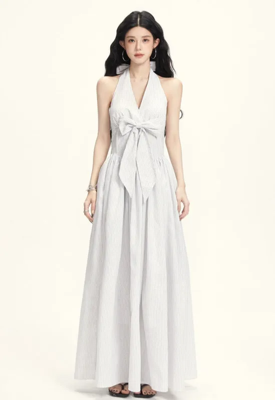 Striped Halter Neck Maxi Dress with Bow Tie Detail sold by Night City Clothing