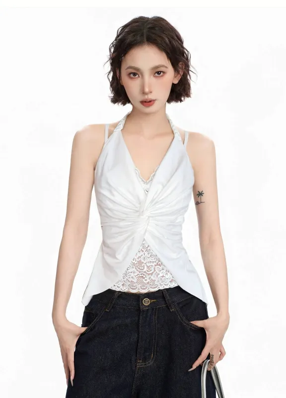 Ruched Halter Top with Lace Layer and Twist Front sold by Night City Clothing