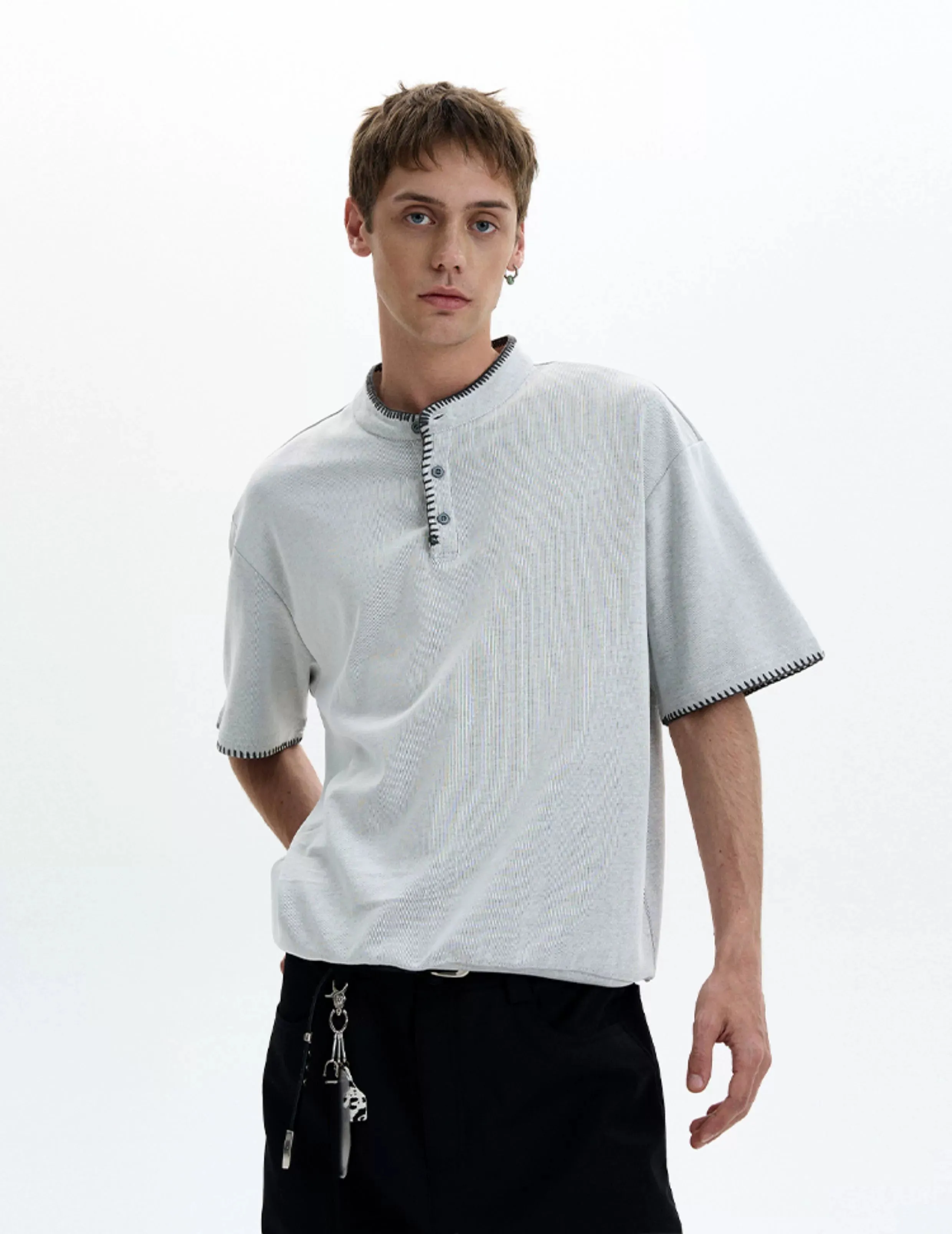 Contrast Stitch Trim Henley Neck Short Sleeve Top sold by Night City Clothing product image thumbnail 5