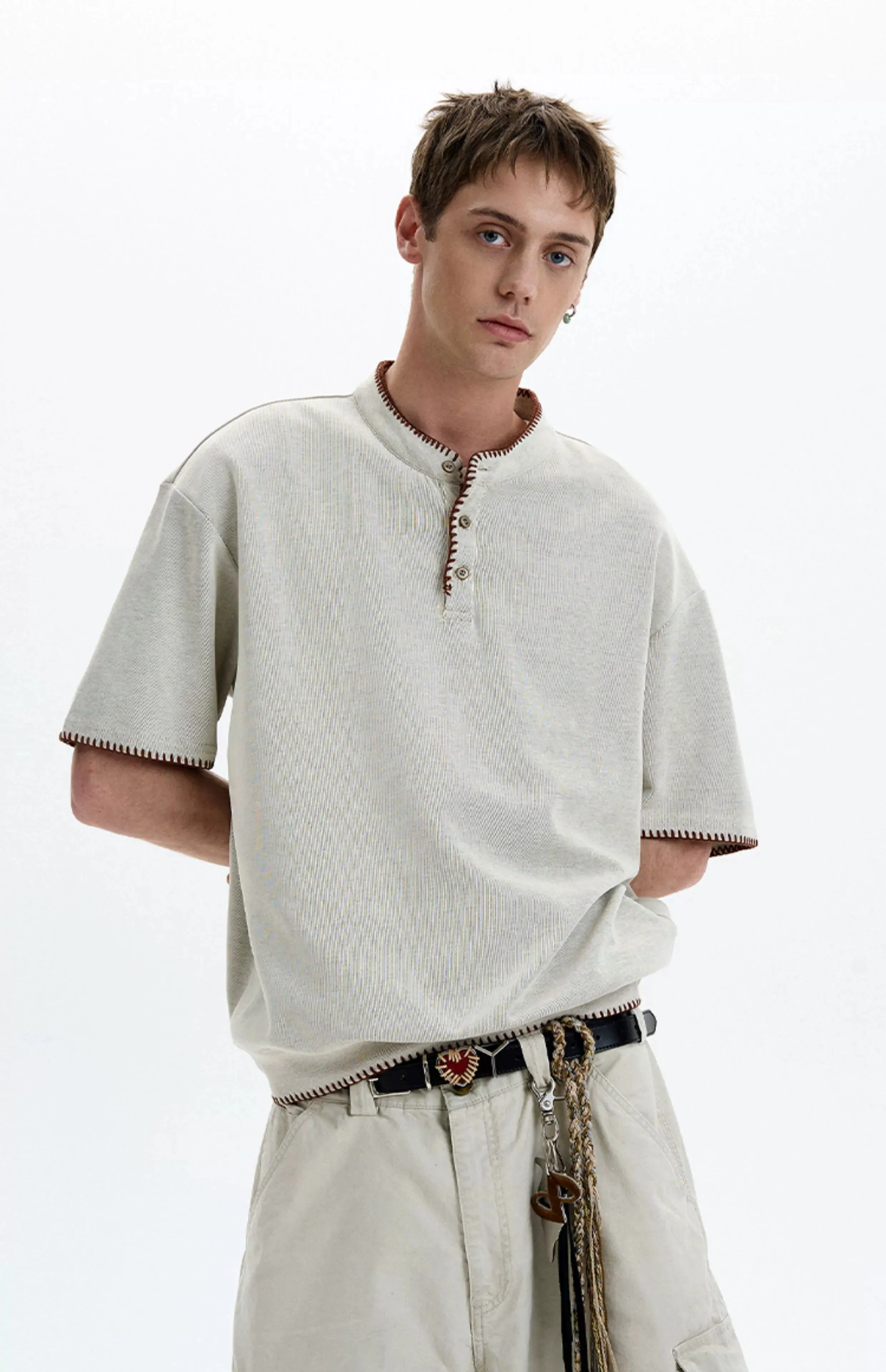 Contrast Stitch Trim Henley Neck Short Sleeve Top sold by Night City Clothing product image thumbnail 3