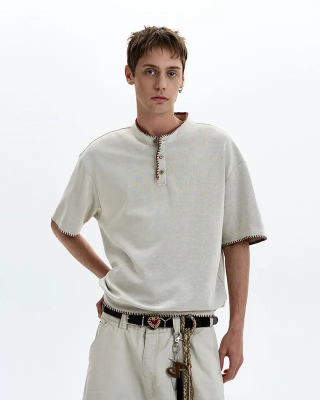 Contrast Stitch Trim Henley Neck Short Sleeve Top sold by Night City Clothing