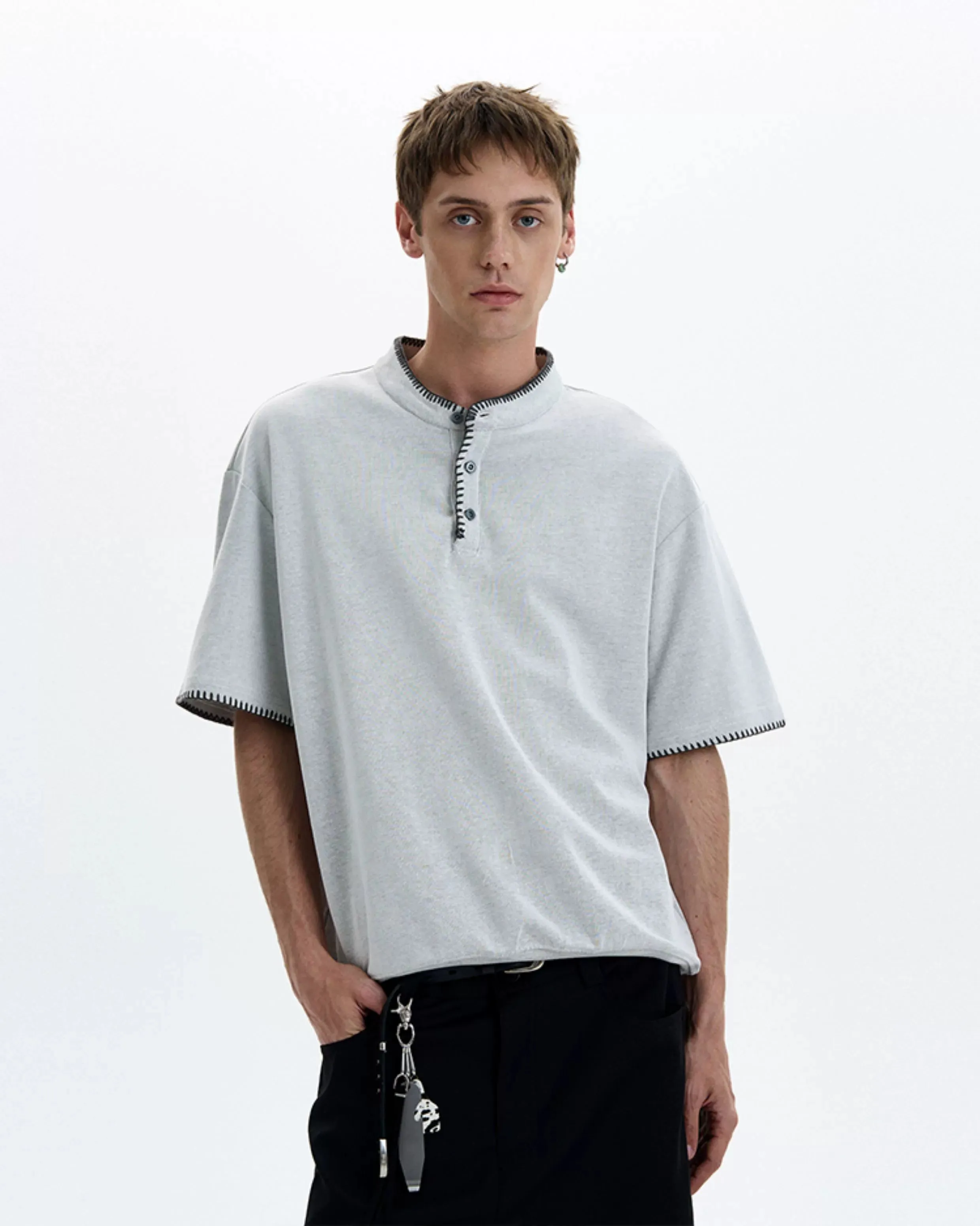 Contrast Stitch Trim Henley Neck Short Sleeve Top sold by Night City Clothing product image thumbnail 4