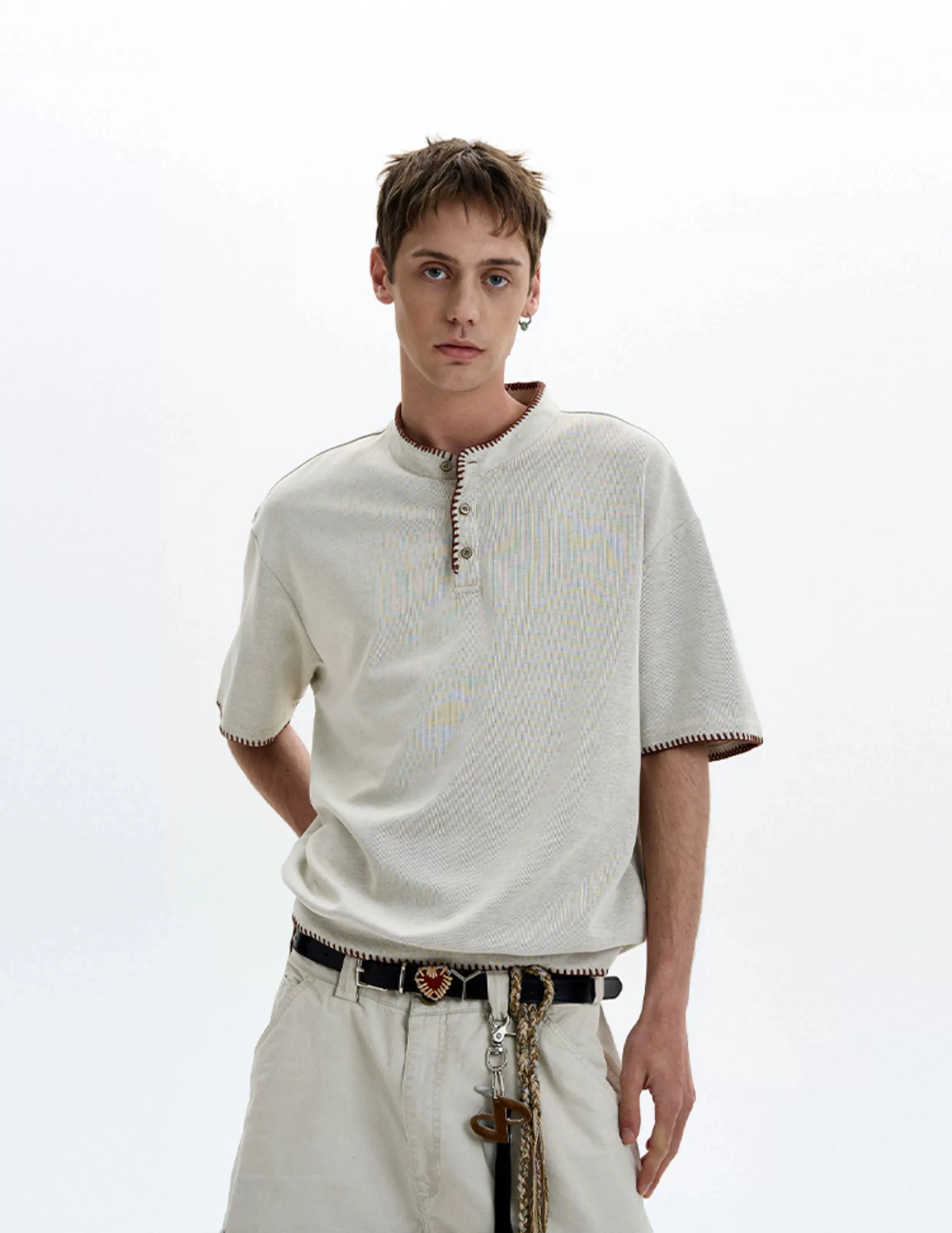Contrast Stitch Trim Henley Neck Short Sleeve Top sold by Night City Clothing product image thumbnail 2