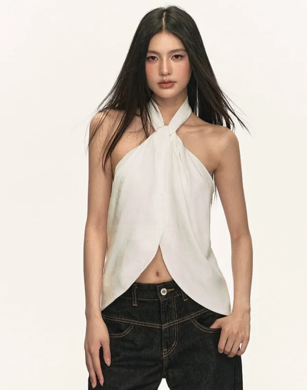Halter Neck Twist Front Sleeveless Wrap Top made by Night City Clothing