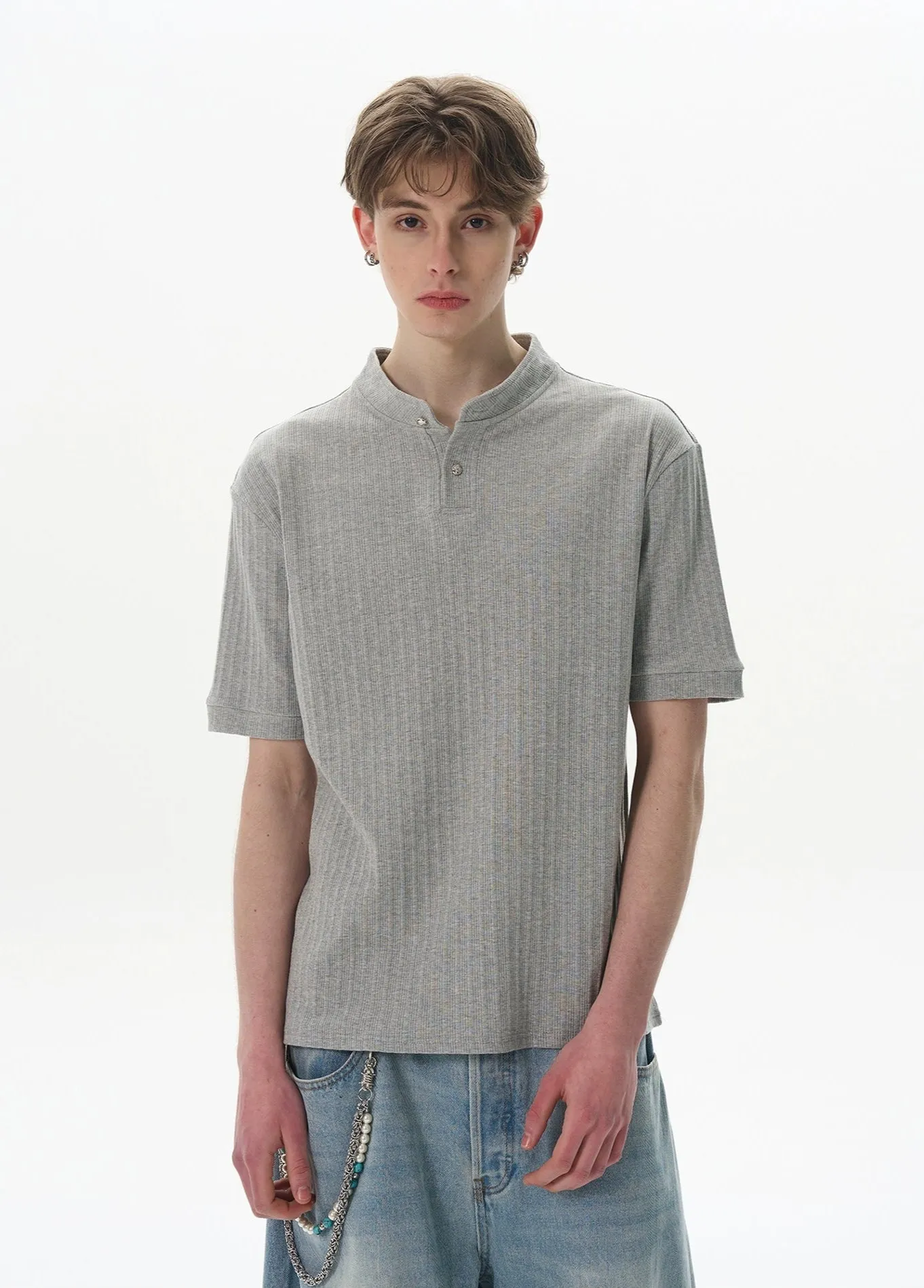 Ribbed Henley Collar Short Sleeve Knit Top sold by Night City Clothing product image thumbnail 4