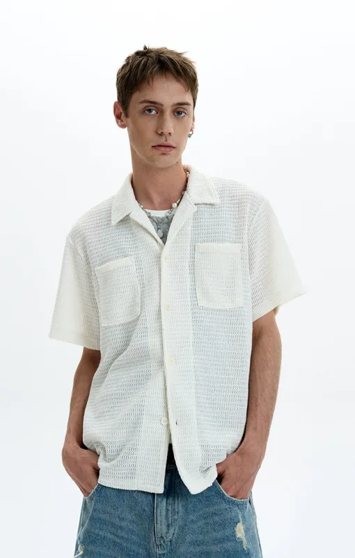 Textured Open-Knit Short Sleeve Button-Up Shirt with Patch Pockets sold by Night City Clothing
