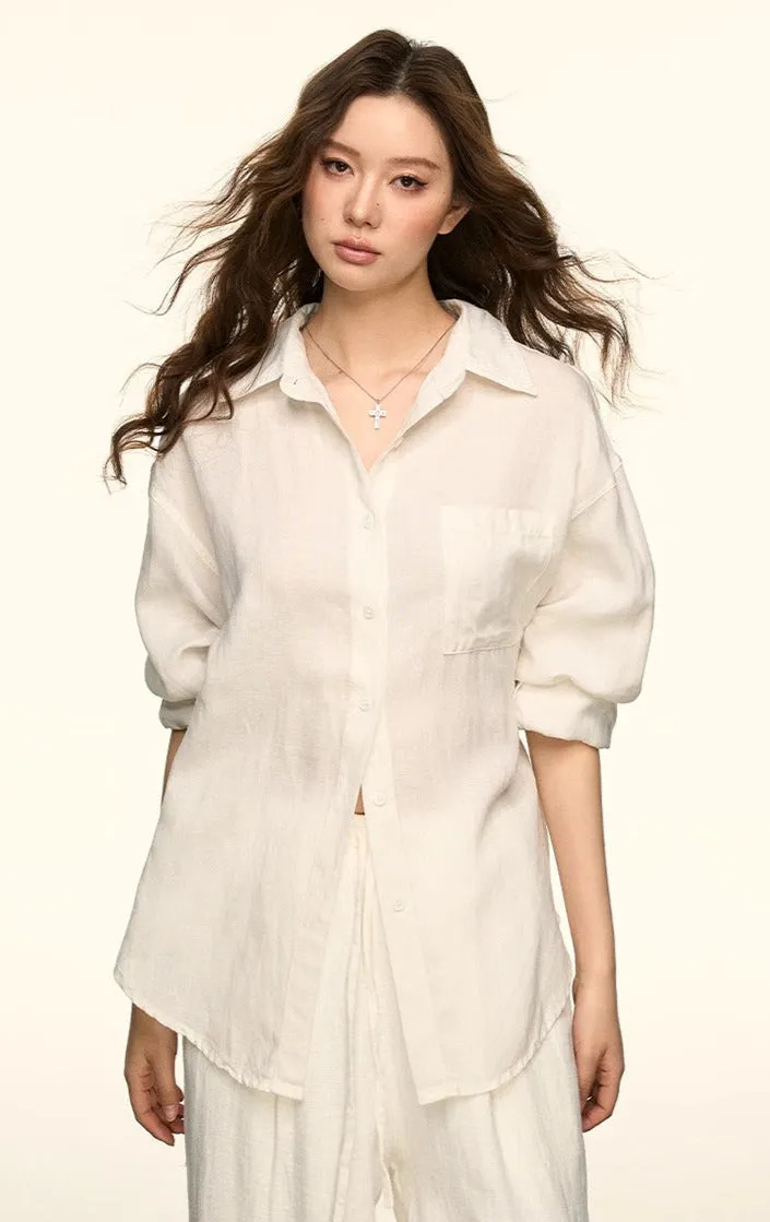 Oversized Faux-Linen Lightweight Button Shirt and Wide Leg Pants Two-Piece Set sold by Night City Clothing product image thumbnail 4