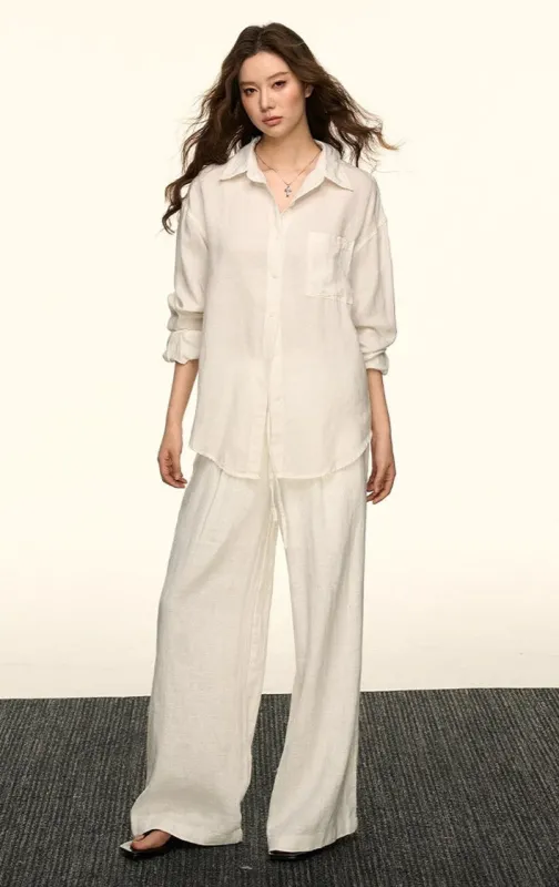 Oversized Faux-Linen Lightweight Button Shirt and Wide Leg Pants Two-Piece Set sold by Night City Clothing
