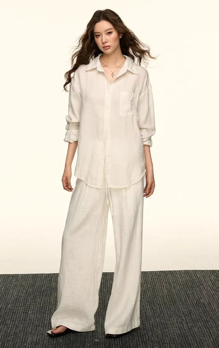 Oversized Faux-Linen Lightweight Button Shirt and Wide Leg Pants Two-Piece Set sold by Night City Clothing