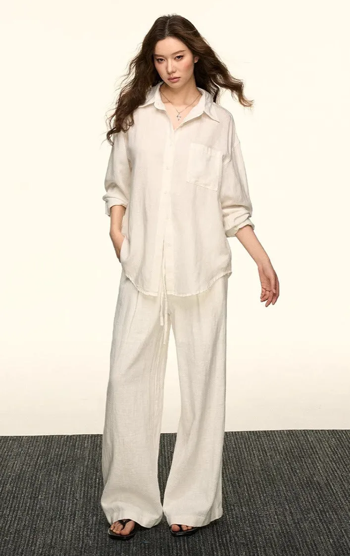 Oversized Faux-Linen Lightweight Button Shirt and Wide Leg Pants Two-Piece Set sold by Night City Clothing product image thumbnail 2