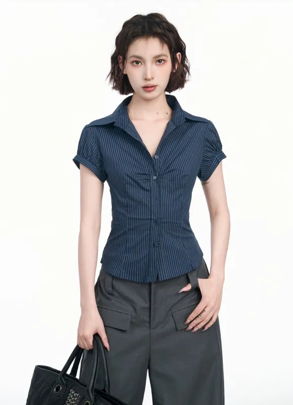 Pinstripe Short Sleeve Collared Button-Up Top sold by Night City Clothing