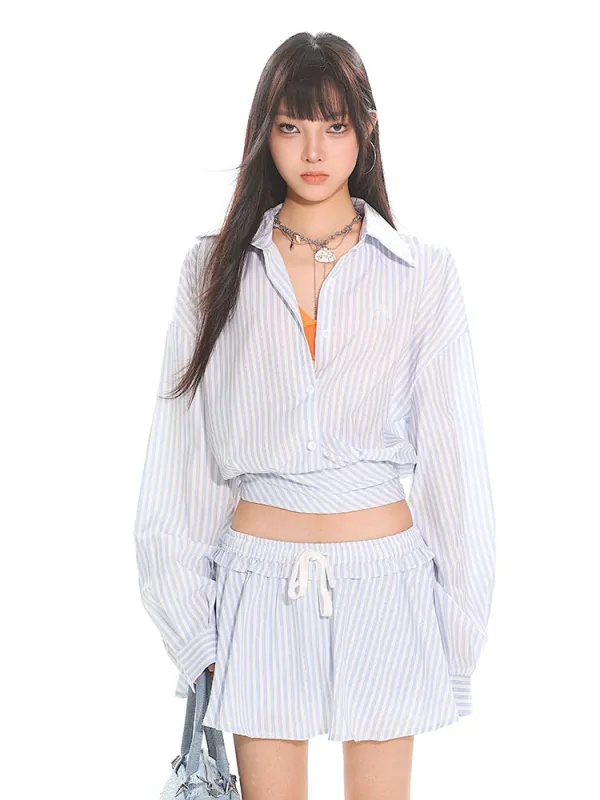 Striped Button-Up Long Sleeve Shirt and Elastic Waist Mini Skirt Two-Piece Set made by Night City Clothing