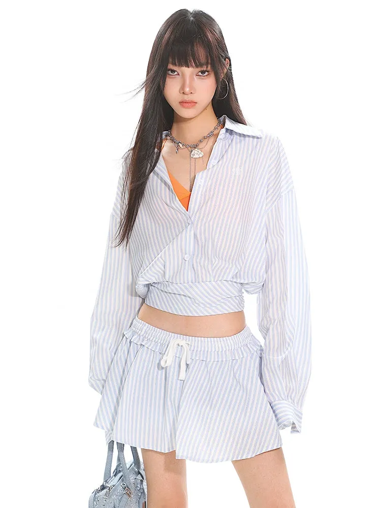 Striped Button-Up Long Sleeve Shirt and Elastic Waist Mini Skirt Two-Piece Set sold by Night City Clothing product image thumbnail 2