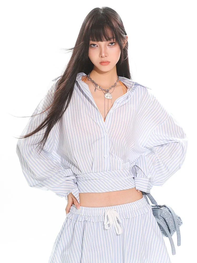 Striped Button-Up Long Sleeve Shirt and Elastic Waist Mini Skirt Two-Piece Set sold by Night City Clothing product image thumbnail 3