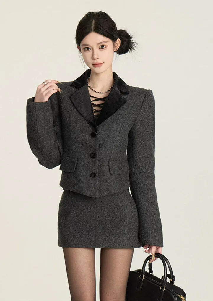 Structured Blazer with Contrast Velvet Lapel and Button Front sold by Night City Clothing product image thumbnail 2