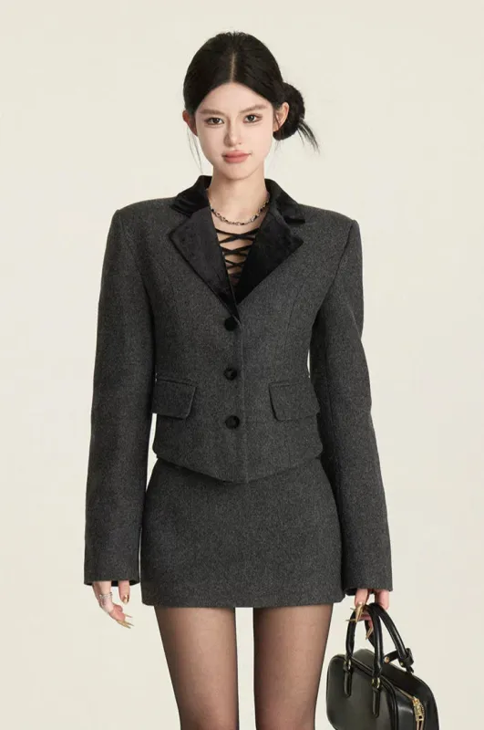 Structured Blazer with Contrast Velvet Lapel and Button Front sold by Night City Clothing
