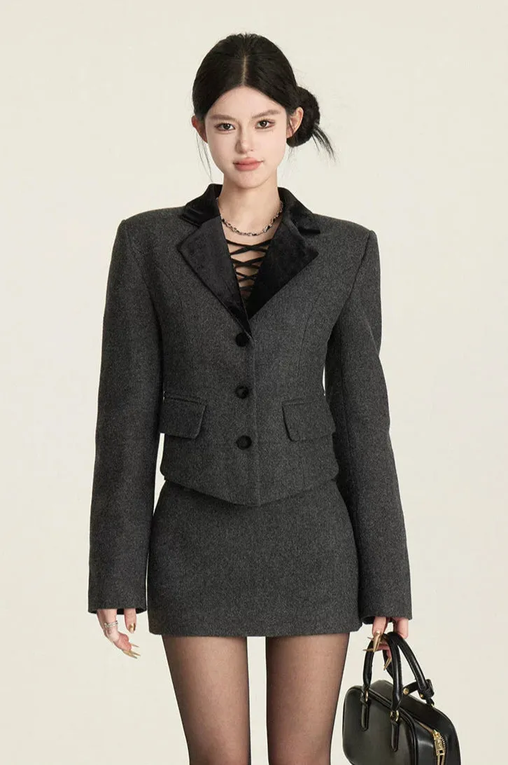 Structured Blazer with Contrast Velvet Lapel and Button Front sold by Night City Clothing