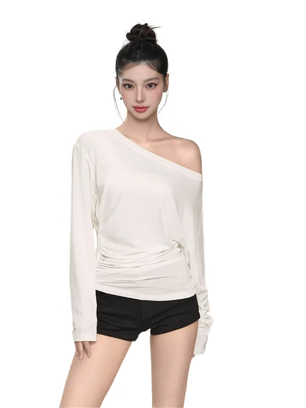 Asymmetric Off Shoulder Ruched Long Sleeve Top sold by Night City Clothing