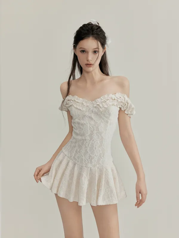 Ruffle Lace Off Shoulder Pleated Mini Dress sold by Night City Clothing