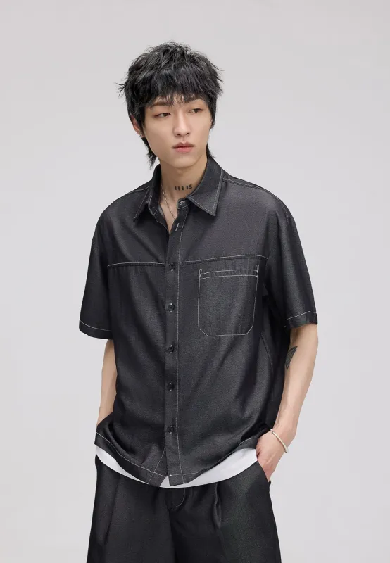 Textured Contrast Stitching Short Sleeve Button Shirt sold by Night City Clothing