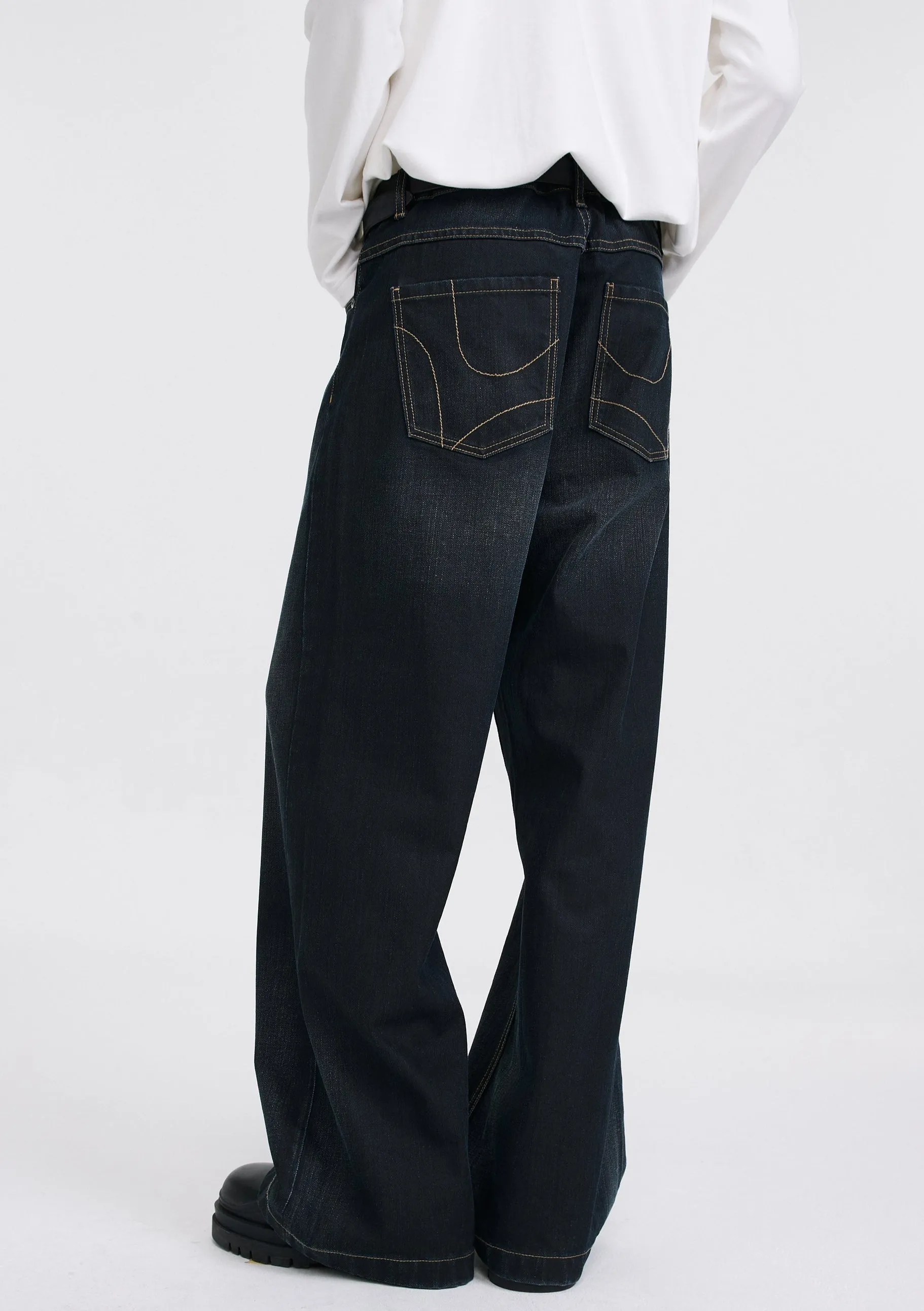 Wide Leg Dark Wash Wax Jeans with Contrast Stitching sold by Night City Clothing product image thumbnail 5
