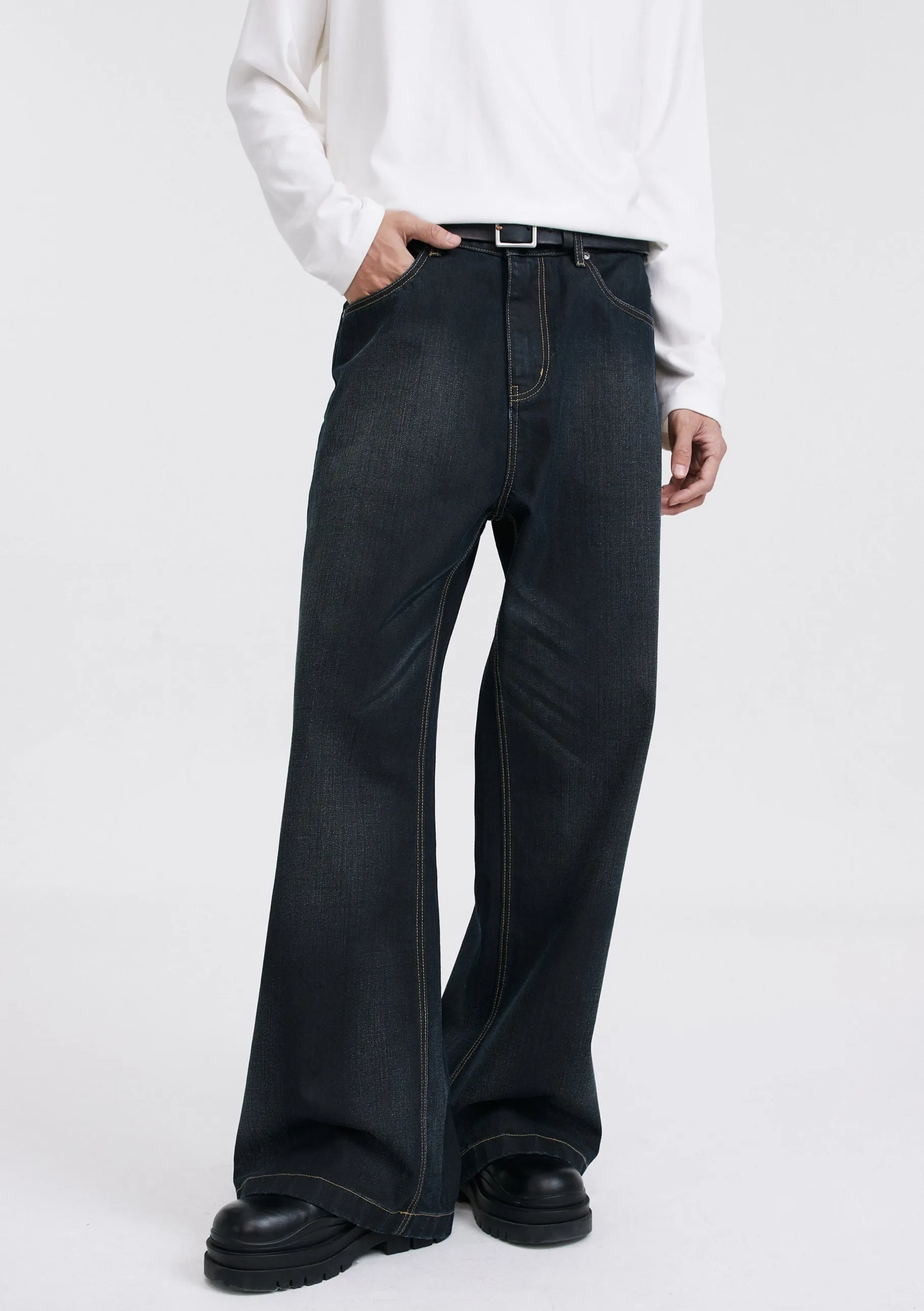 Wide Leg Dark Wash Wax Jeans with Contrast Stitching sold by Night City Clothing product image thumbnail 3