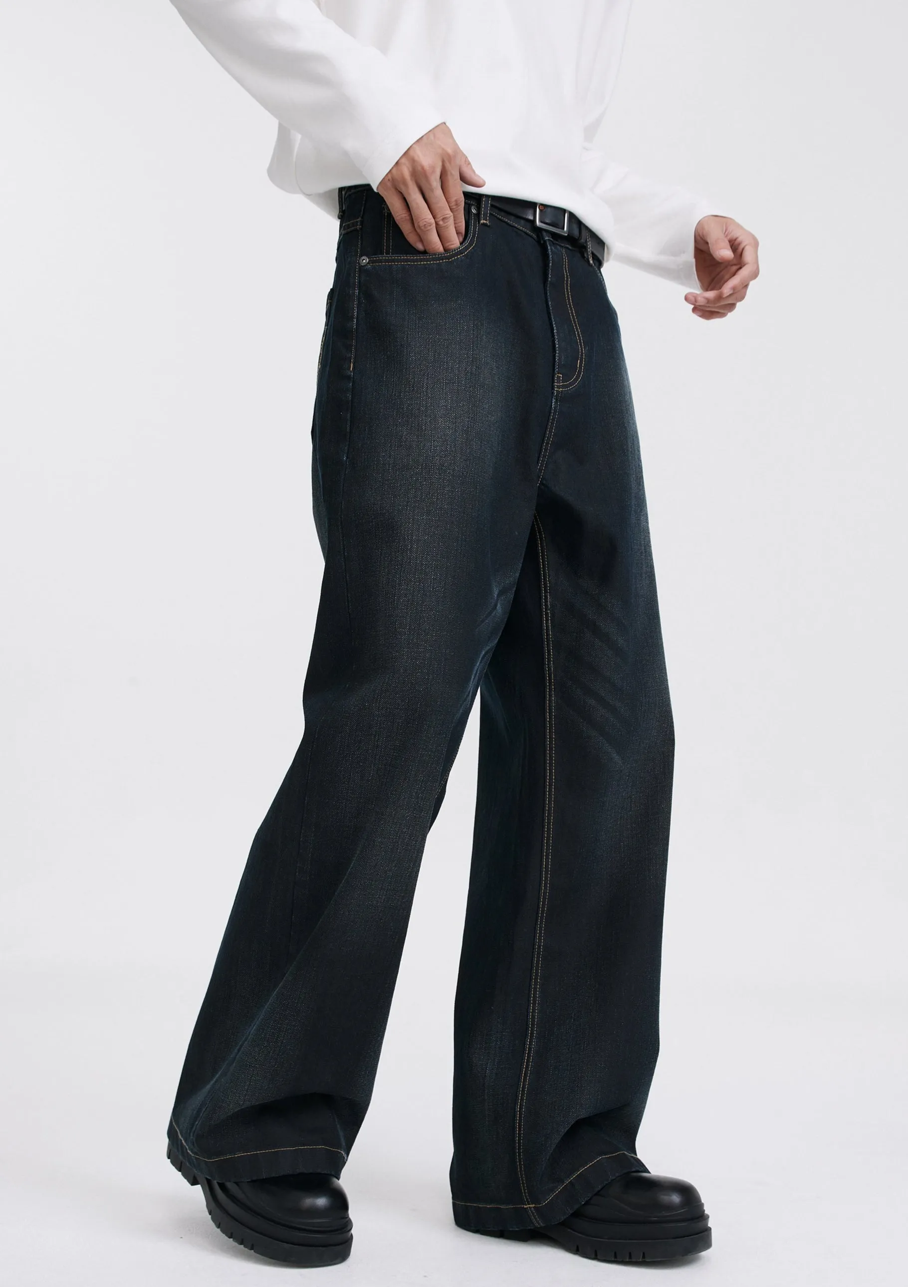 Wide Leg Dark Wash Wax Jeans with Contrast Stitching sold by Night City Clothing product image thumbnail 4