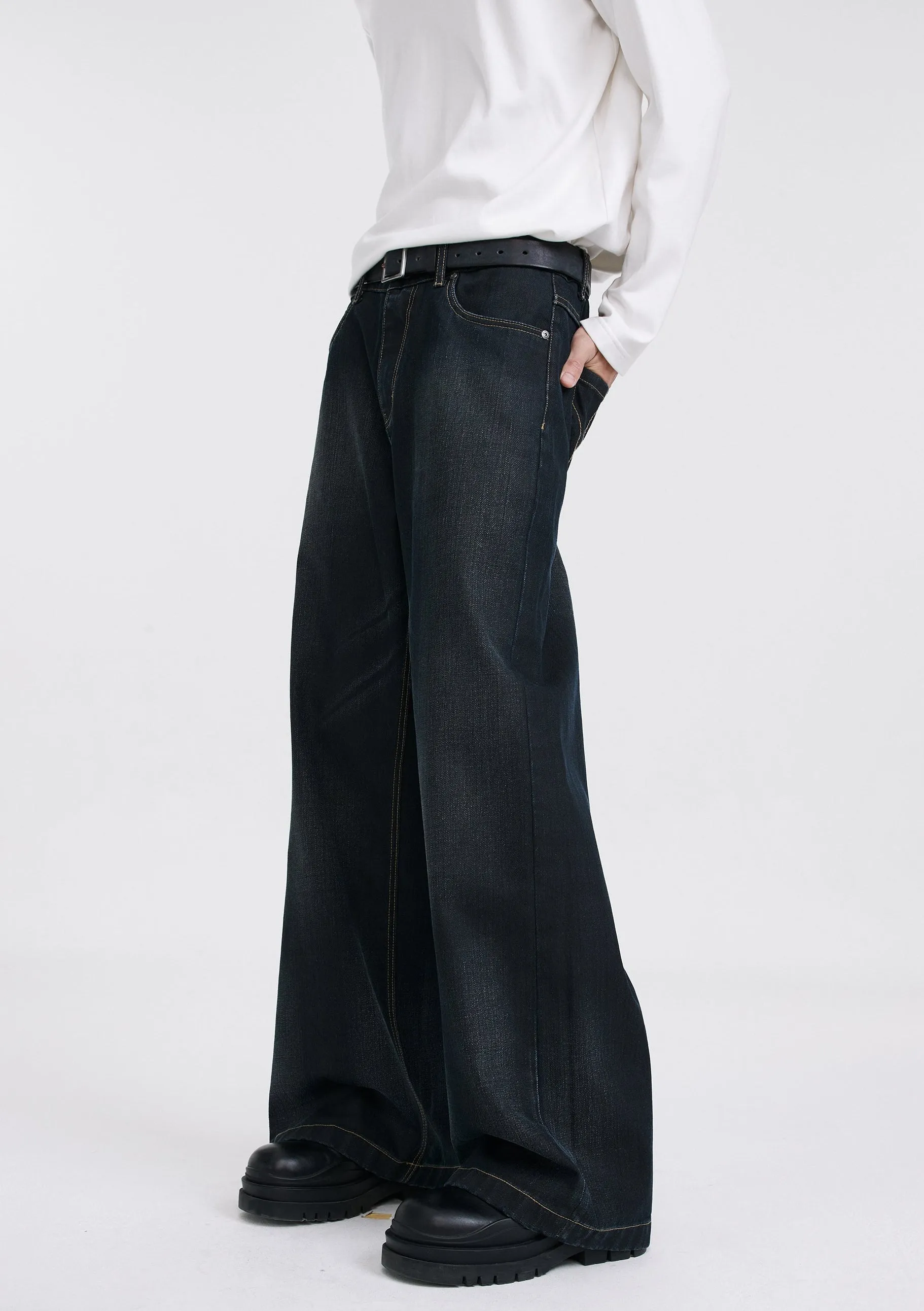 Wide Leg Dark Wash Wax Jeans with Contrast Stitching sold by Night City Clothing product image thumbnail 2
