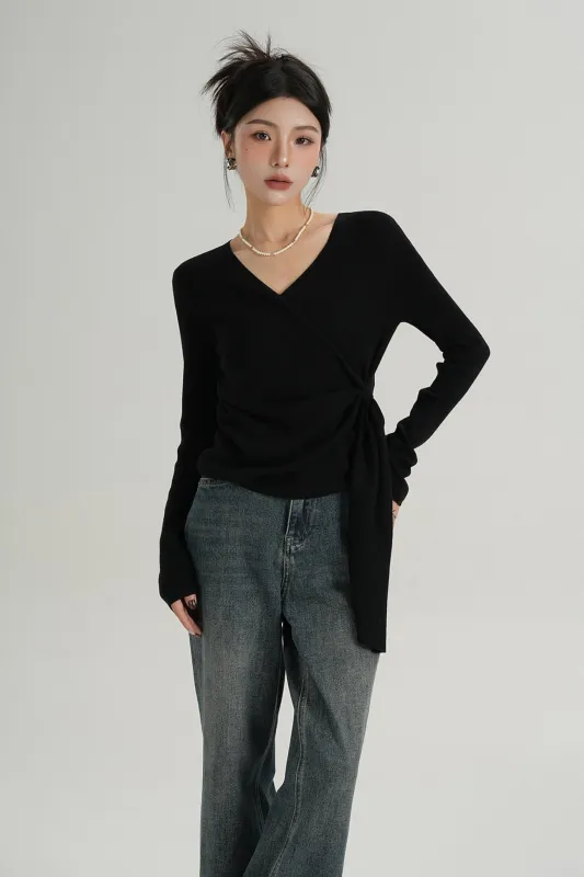 Long Sleeve V-Neck Wrap Knotted Side Tie Top sold by Night City Clothing