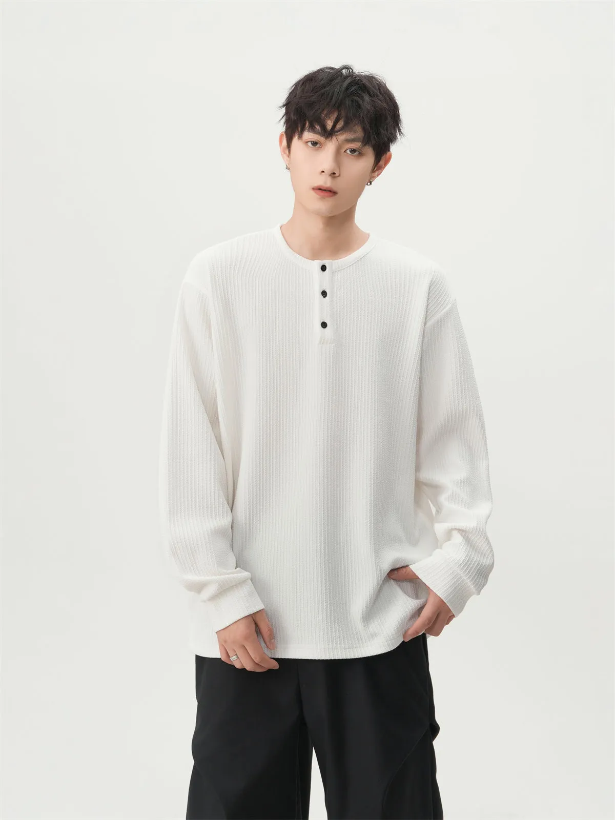 Waffle Pattern Half Button Long Sleeve Shirt sold by Night City Clothing product image thumbnail 4