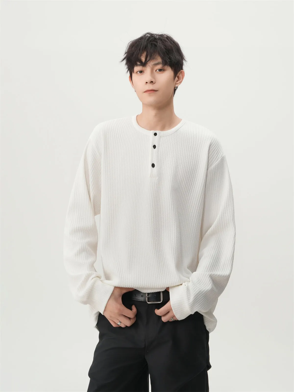 Waffle Pattern Half Button Long Sleeve Shirt sold by Night City Clothing product image thumbnail 3