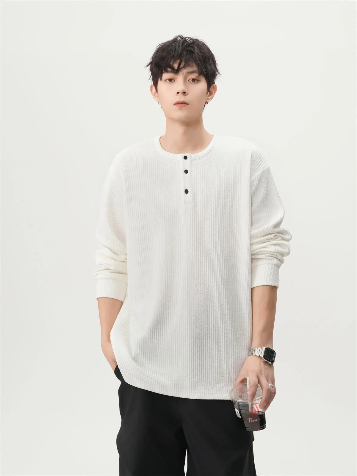 Waffle Pattern Half Button Long Sleeve Shirt sold by Night City Clothing product image thumbnail 2